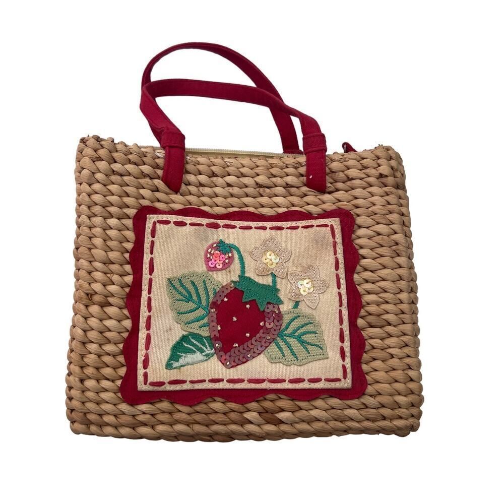 Vintage Strawberry Sequin Wicker Picnic Style Hand Bag